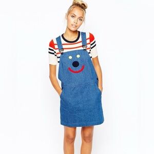 Lazy Oaf Pinafore Dungaree Dress With Face Apliquet L